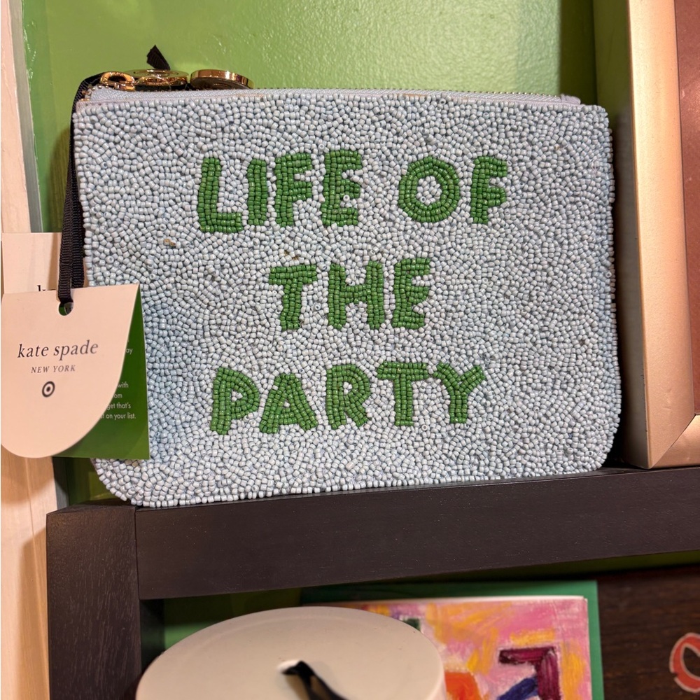 kate spade Light Blue Beaded Pouch with Green Lettering